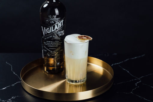 egg white cocktails, joseph magnus, whiskey cocktail on gold surface